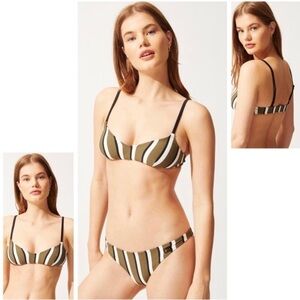 💋NWT SOLID & Striped Low Cut Olive Striped Bikini Top Size Large